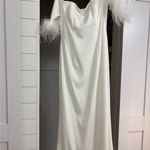 Mac Duggal White Maxi Dress with Feather Sleeves